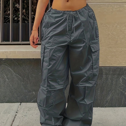 Y2K Loose Drawstring Cargo Pants, Casual Pocket High Waist Solid Wide Leg Fashion Comfy Pants, Women's Clothing