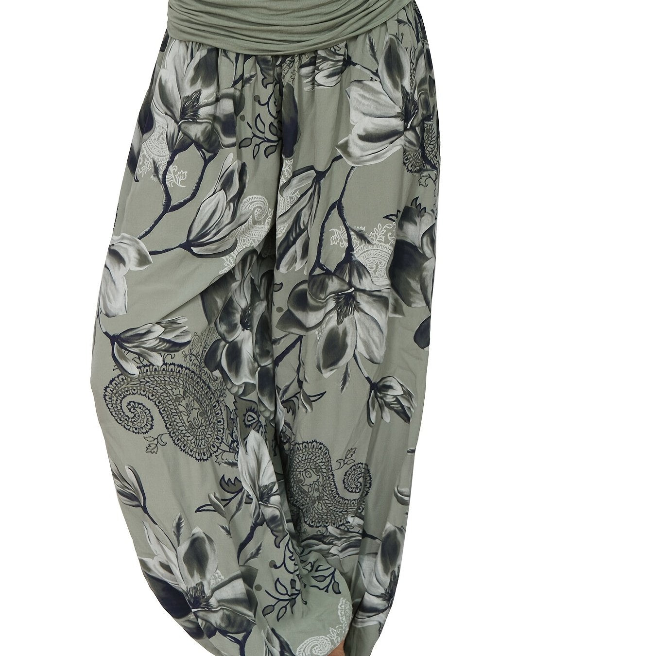 Boho Floral Print Ruched Harem Pants, Casual Bohemian Pants For Spring & Summer, Women's Clothing