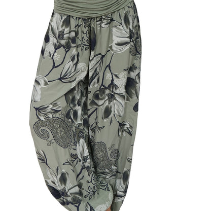 Boho Floral Print Ruched Harem Pants, Casual Bohemian Pants For Spring & Summer, Women's Clothing