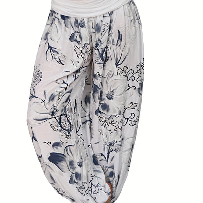 Women's Floral Print Harem Pants - Lightweight Polyester, Wide Leg, Casual Vacation Style, Blue and White Flowers, Relaxed Fit Pants|Vacation Style Pants|Machine Washable Fabric, Ladies Pants