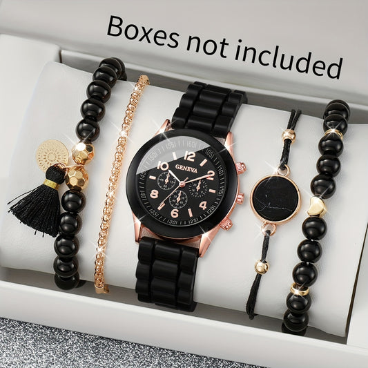 5pcs/set Women's Casual Fashion Quartz Watch Analog Silicone Band Wrist Watch & Bracelets, Gift For Mom Her
