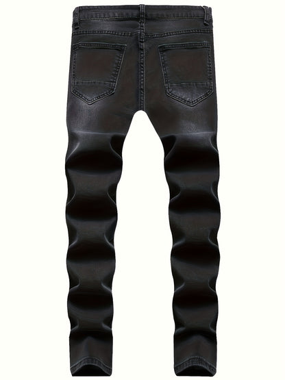 Mid Stretch Slim Fit Ripped Cotton Jeans, Men's Casual Street Style Distressed Denim Pants For Spring Summer