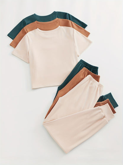 3 Sets Simple Solid Lounge Set, Crew Neck Short Sleeve Top & Lace Up Pants, Women's Loungewear & Sleepwear