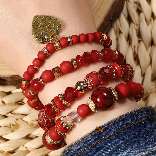 4pcs Heart Charm Beaded Bracelets - Unique Gift for Family, Friends, Boyfriends, Girlfriends, Perfect for Holiday, Birthday, Anniversary, and Romantic Occasions