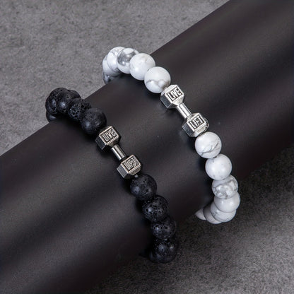 2pcs Men Dumbbell Decor Beaded Bracelets, Gift For Family And Friends, Holiday Birthday Gift For Boyfriends