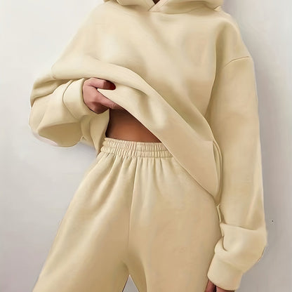 Casual Solid Two-piece Set, Kangaroo Pocket Hoodie & Elastic Waist Pants Outfits, Women's Clothing