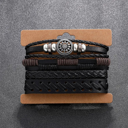 4Pcs/set Fashionable Vintage PU Leather Woven Bracelet Men Charm Bracelets, Father's Day Gift