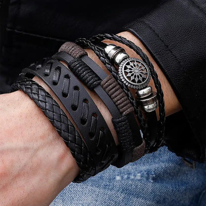 4Pcs/set Fashionable Vintage PU Leather Woven Bracelet Men Charm Bracelets, Father's Day Gift