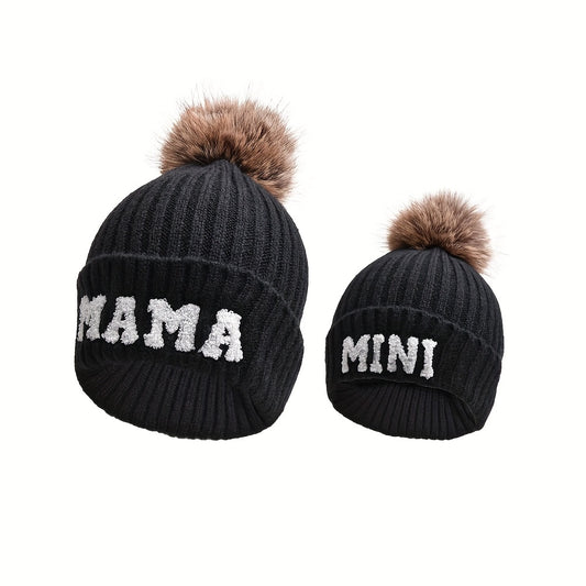2-Piece Parent-Child Beanie Hats Set - Hats & Caps, Soft, Thickened, Knitted, Warm, Fur Ball, Mama and Mini, Christmas Gift, Winter Skiing Headwear