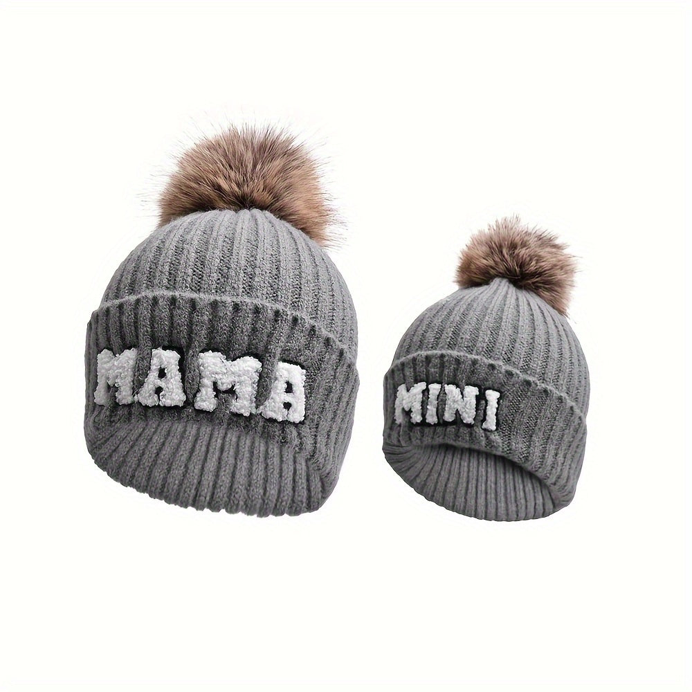 2-Piece Parent-Child Beanie Hats Set - Hats & Caps, Soft, Thickened, Knitted, Warm, Fur Ball, Mama and Mini, Christmas Gift, Winter Skiing Headwear
