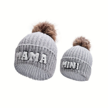 2-Piece Parent-Child Beanie Hats Set - Hats & Caps, Soft, Thickened, Knitted, Warm, Fur Ball, Mama and Mini, Christmas Gift, Winter Skiing Headwear