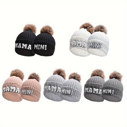 2-Piece Parent-Child Beanie Hats Set - Hats & Caps, Soft, Thickened, Knitted, Warm, Fur Ball, Mama and Mini, Christmas Gift, Winter Skiing Headwear