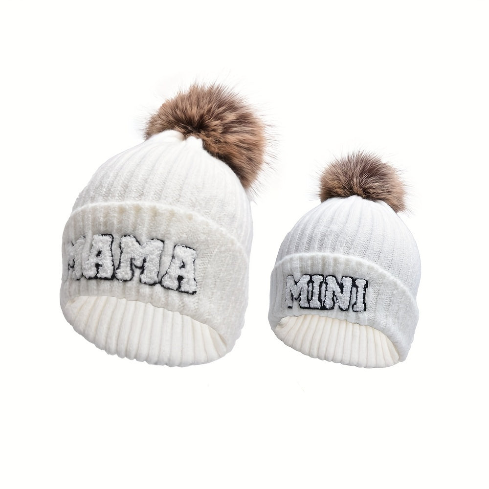 2-Piece Parent-Child Beanie Hats Set - Hats & Caps, Soft, Thickened, Knitted, Warm, Fur Ball, Mama and Mini, Christmas Gift, Winter Skiing Headwear