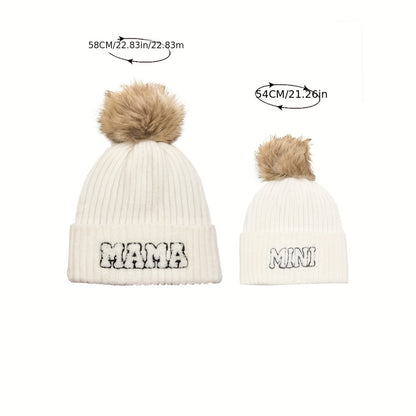 2-Piece Parent-Child Beanie Hats Set - Hats & Caps, Soft, Thickened, Knitted, Warm, Fur Ball, Mama and Mini, Christmas Gift, Winter Skiing Headwear