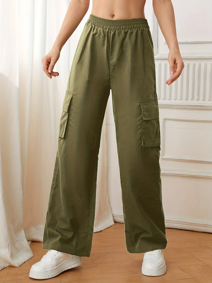 Flap Pockets Straight Leg Cargo Pants, Casual High Waist Pants, Women's Clothing