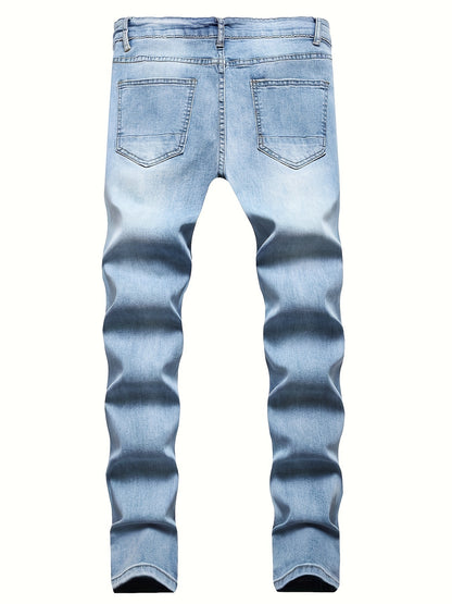 Mid Stretch Slim Fit Ripped Cotton Jeans, Men's Casual Street Style Distressed Denim Pants For Spring Summer