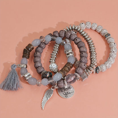 4pcs Heart Charm Beaded Bracelets - Unique Gift for Family, Friends, Boyfriends, Girlfriends, Perfect for Holiday, Birthday, Anniversary, and Romantic Occasions