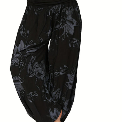 Women's Floral Print Harem Pants - Lightweight Polyester, Wide Leg, Casual Vacation Style, Blue and White Flowers, Relaxed Fit Pants|Vacation Style Pants|Machine Washable Fabric, Ladies Pants