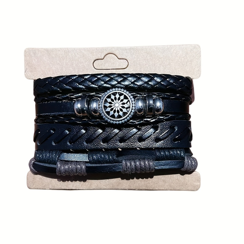 4Pcs/set Fashionable Vintage PU Leather Woven Bracelet Men Charm Bracelets, Father's Day Gift