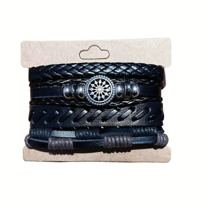 4Pcs/set Fashionable Vintage PU Leather Woven Bracelet Men Charm Bracelets, Father's Day Gift