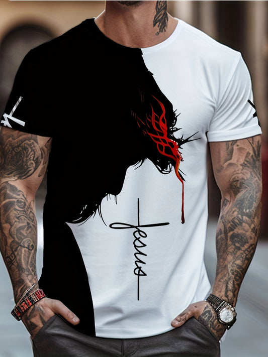 Jesus Print, Men's Graphic Design Crew Neck Novel T-shirt, Casual Comfy Tees Tshirts For Summer, Men's Clothing Tops For Daily Vacation Resorts