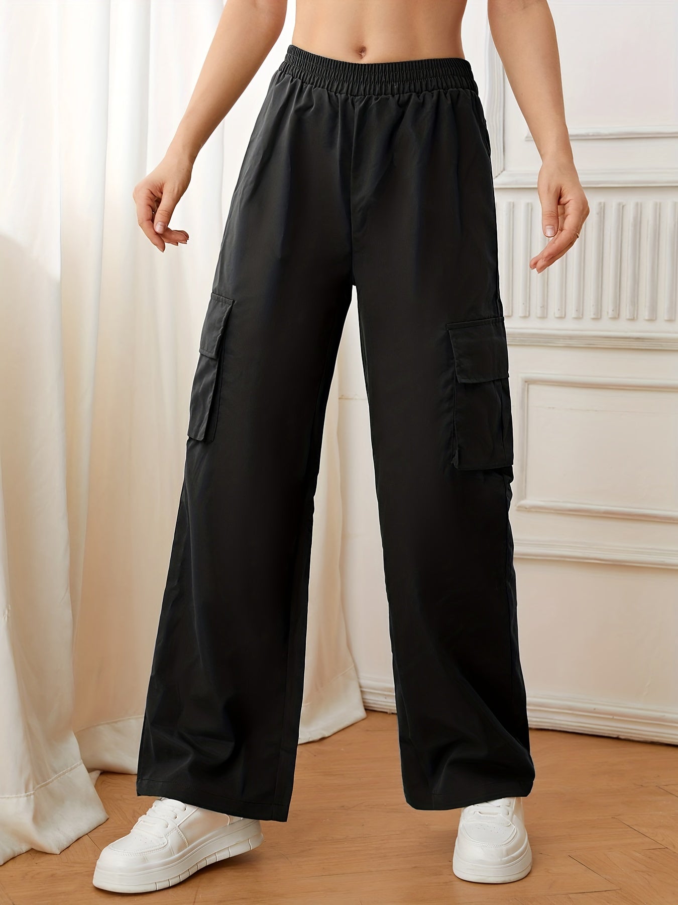 Flap Pockets Straight Leg Cargo Pants, Casual High Waist Pants, Women's Clothing