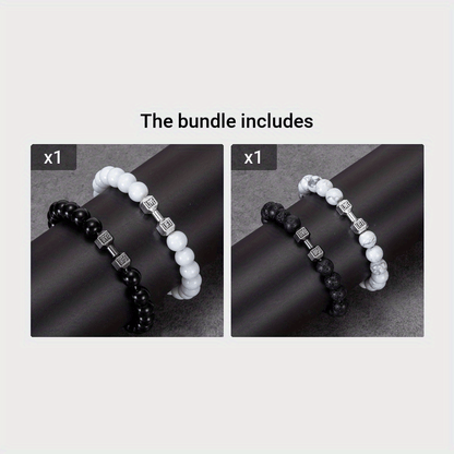 2pcs Men Dumbbell Decor Beaded Bracelets, Gift For Family And Friends, Holiday Birthday Gift For Boyfriends