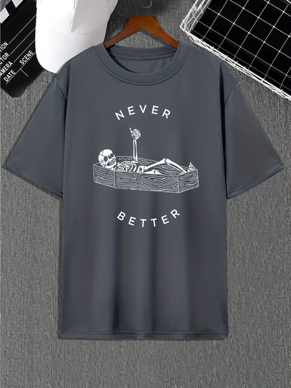 Funny Skeleton Print, Men's Graphic Design Crew Neck Active T-shirt, Casual Comfy Tees Tshirts For Summer, Men's Clothing Tops For Daily Gym Workout Running