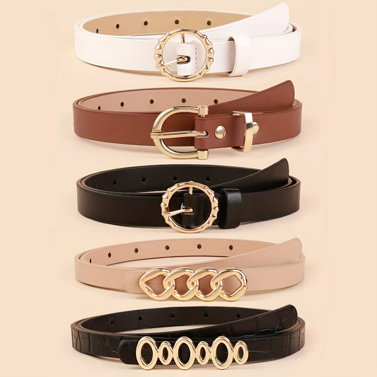 5pcs PU Leather Belts For Women Skinny Waist Belts With Metal Buckle Solid Color Simple Pin Buckle Thin Belt For Pants Jeans Dresses