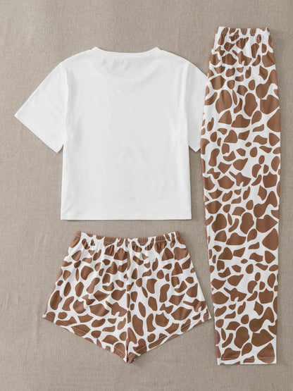 Giraffe Print Pajama Set - Short Sleeve Crew Neck Top & Leopard Shorts or Pants - Soft, Stylish Womens Sleepwear & Loungewear for Nighttime Chic and Casual Comfort
