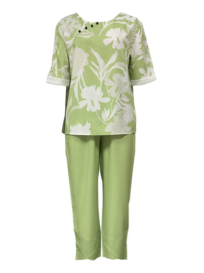 two-piece Women's Plant Print Top and Elastic Waist Pants Outfit - Comfortable and Stylish