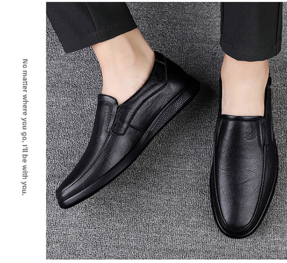 CLOHOO Men's Slip-On Casual Shoes - Genuine Leather Upper, Rubber Sole with PU Cushioned Insole, All-Season Comfort for Business & Vacation, Brown/Black, Casual Footwear | Classic Slipon | Rubber Sole Footwear
