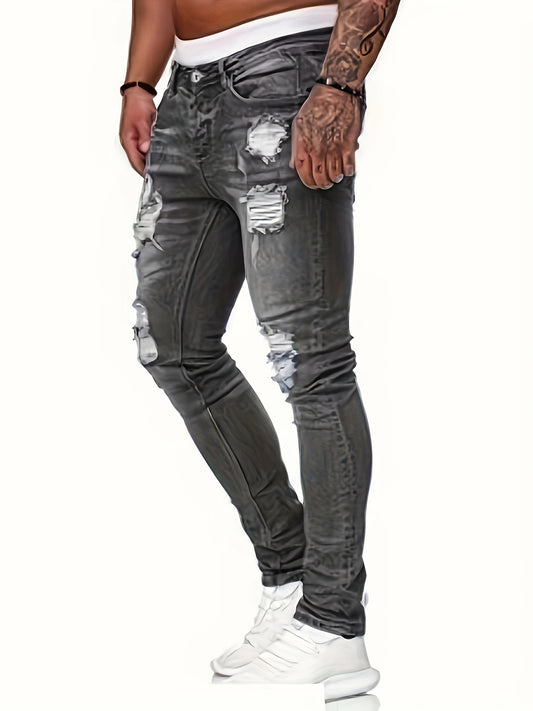 Mid Stretch Slim Fit Ripped Cotton Jeans, Men's Casual Street Style Distressed Denim Pants For Spring Summer