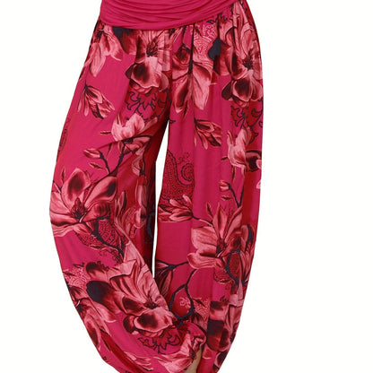 Boho Floral Print Ruched Harem Pants, Casual Bohemian Pants For Spring & Summer, Women's Clothing