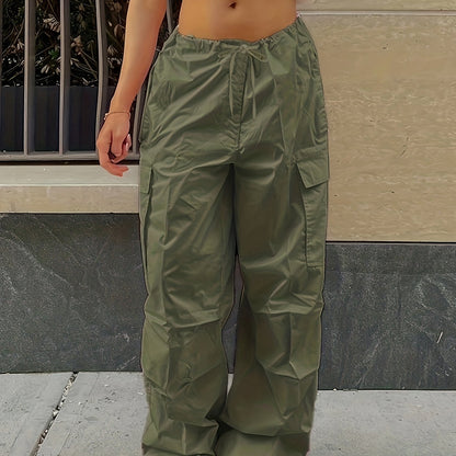 Y2K Loose Drawstring Cargo Pants, Casual Pocket High Waist Solid Wide Leg Fashion Comfy Pants, Women's Clothing