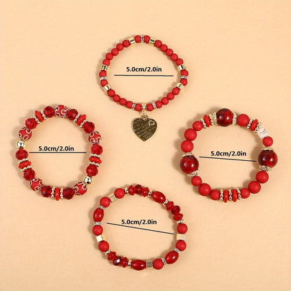 4pcs Heart Charm Beaded Bracelets - Unique Gift for Family, Friends, Boyfriends, Girlfriends, Perfect for Holiday, Birthday, Anniversary, and Romantic Occasions