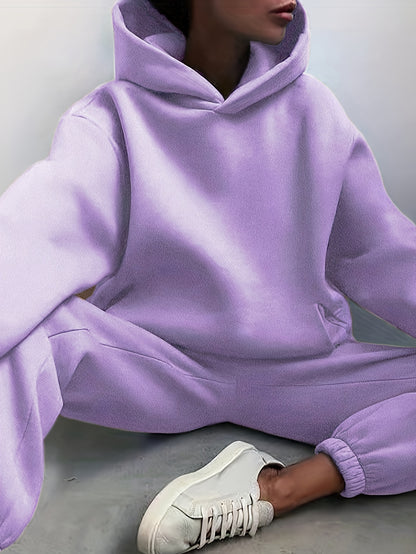 Two-Piece Hooded Set - Soft Polyester Knit Fabric, Drop Shoulder Long Sleeve Hoodie with Pocket, Elastic Waist Jogger Pants for Women, Casual Solid Color Outfit for Fall and Winter Seasons