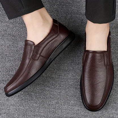 CLOHOO Men's Slip-On Casual Shoes - Genuine Leather Upper, Rubber Sole with PU Cushioned Insole, All-Season Comfort for Business & Vacation, Brown/Black, Casual Footwear | Classic Slipon | Rubber Sole Footwear