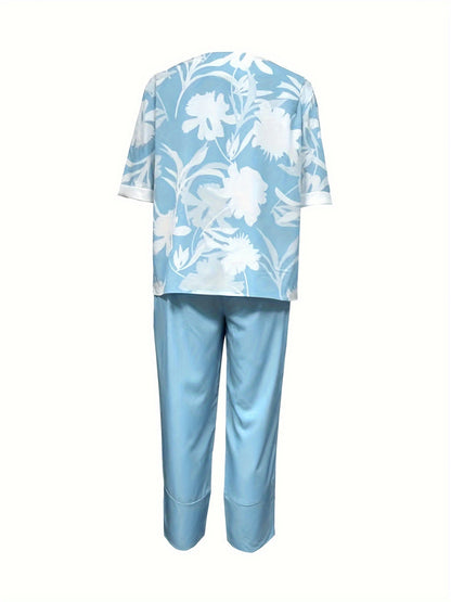 two-piece Women's Plant Print Top and Elastic Waist Pants Outfit - Comfortable and Stylish