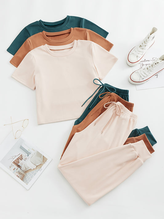 3 Sets Simple Solid Lounge Set, Crew Neck Short Sleeve Top & Lace Up Pants, Women's Loungewear & Sleepwear