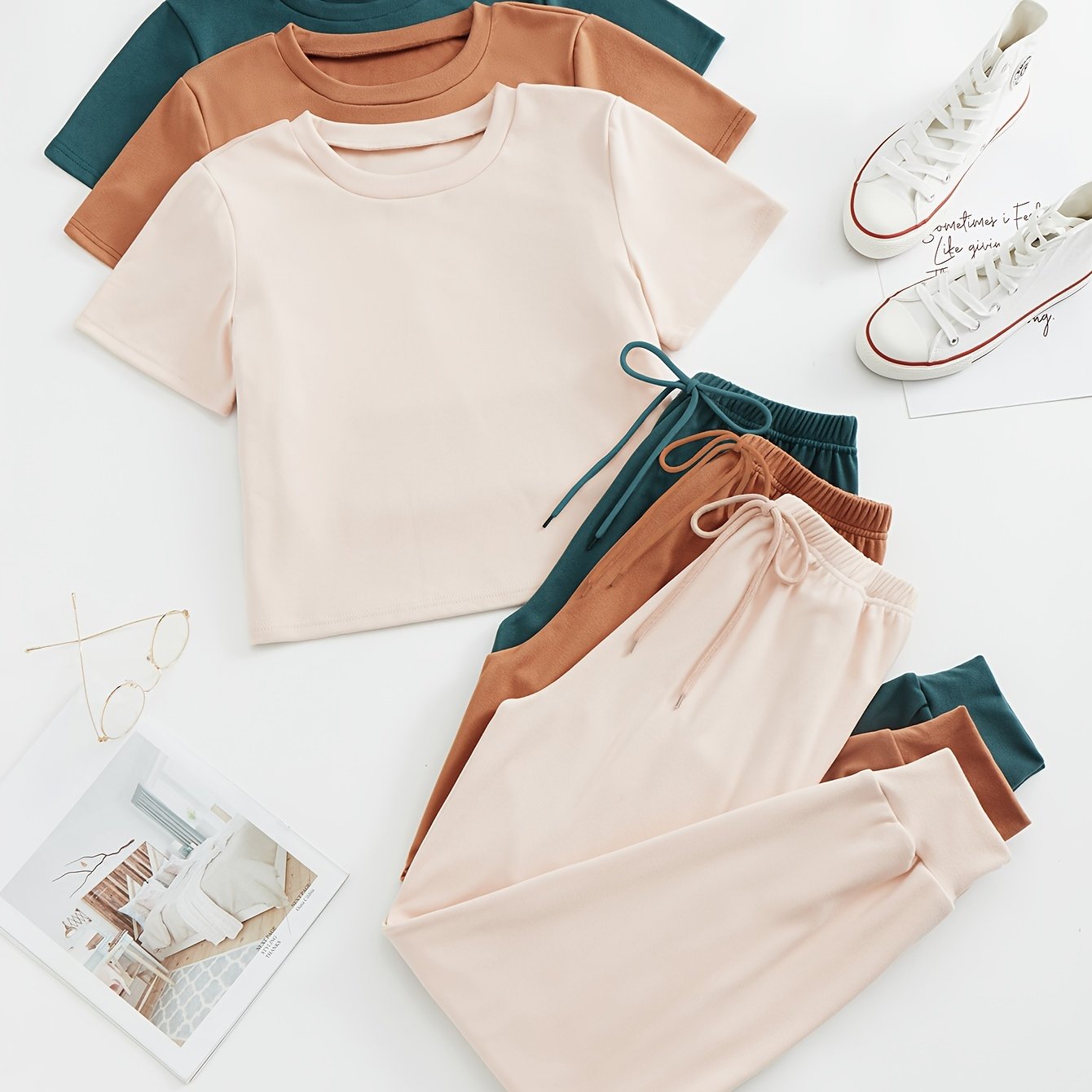 3 Sets Simple Solid Lounge Set, Crew Neck Short Sleeve Top & Lace Up Pants, Women's Loungewear & Sleepwear