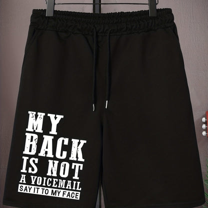 Men's Plus Size Drawstring Shorts - "MY BACK IS NOT A VOICEMAIL" Print, Oversized Black Sports Pants for Big and Tall, Elastic Waistband, Polyester, Casual Style for Spring/Summer, PLUS SIZE