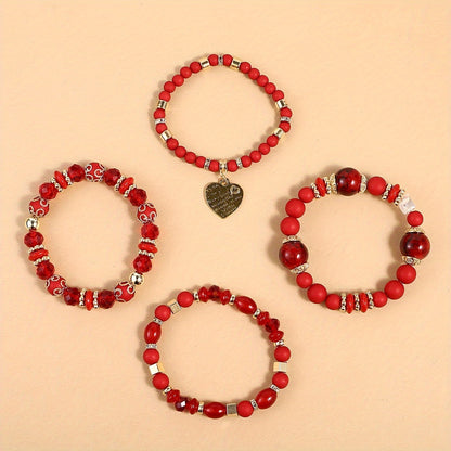 4pcs Heart Charm Beaded Bracelets - Unique Gift for Family, Friends, Boyfriends, Girlfriends, Perfect for Holiday, Birthday, Anniversary, and Romantic Occasions