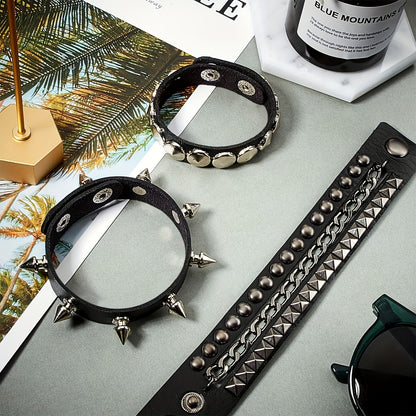 6pcs Punk Gothic Faux Leather Bracelets with Studded Spikes & Rivet Buckles - Adjustable Black Wristbands for Men, 80s Rock Style Party Accessories