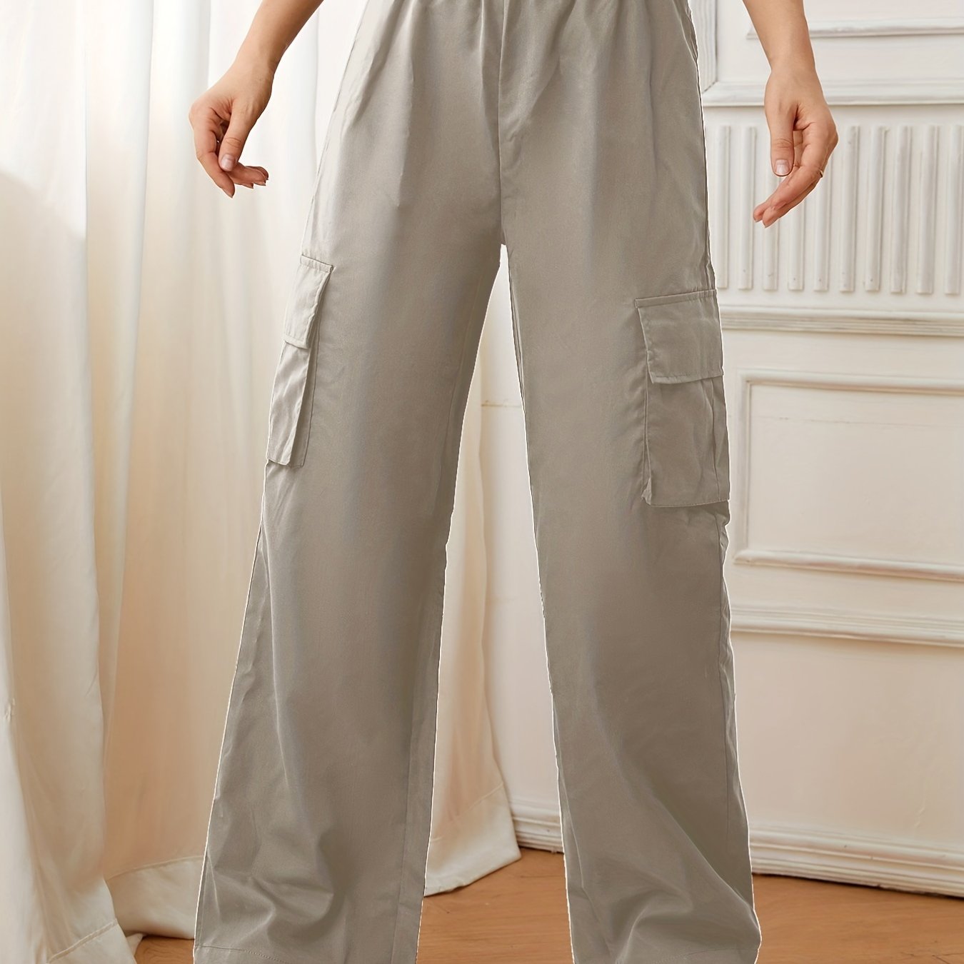 Flap Pockets Straight Leg Cargo Pants, Casual High Waist Pants, Women's Clothing