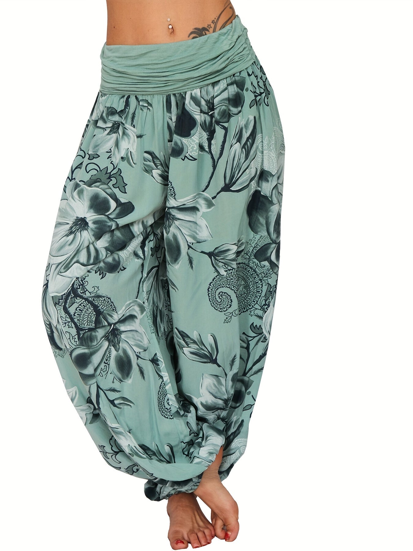 Boho Floral Print Ruched Harem Pants, Casual Bohemian Pants For Spring & Summer, Women's Clothing