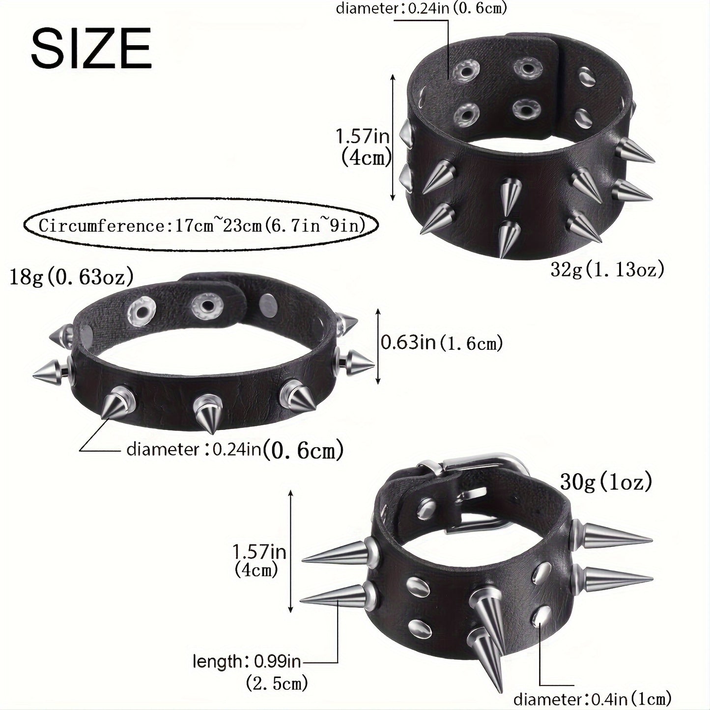 6pcs Punk Gothic Faux Leather Bracelets with Studded Spikes & Rivet Buckles - Adjustable Black Wristbands for Men, 80s Rock Style Party Accessories