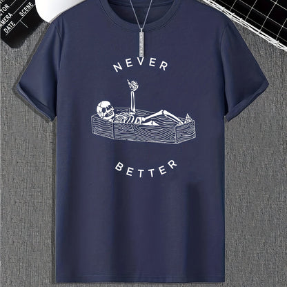 Funny Skeleton Print, Men's Graphic Design Crew Neck Active T-shirt, Casual Comfy Tees Tshirts For Summer, Men's Clothing Tops For Daily Gym Workout Running