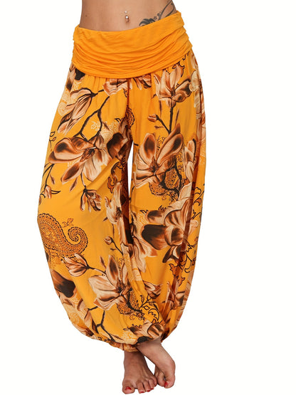 Boho Floral Print Ruched Harem Pants, Casual Bohemian Pants For Spring & Summer, Women's Clothing