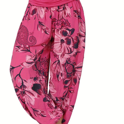 Boho Floral Print Ruched Harem Pants, Casual Bohemian Pants For Spring & Summer, Women's Clothing